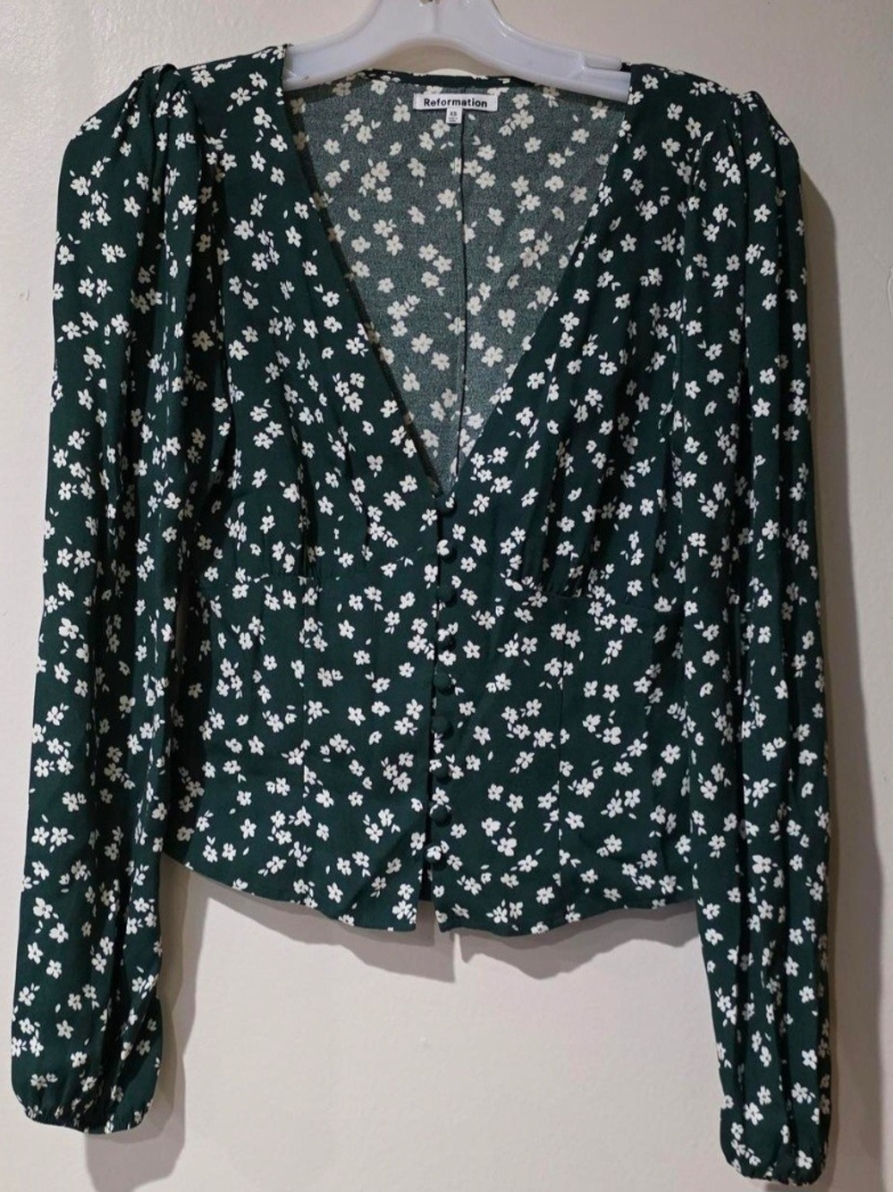 Reformation Forest Green Floral V-Neck Button Front Blouse